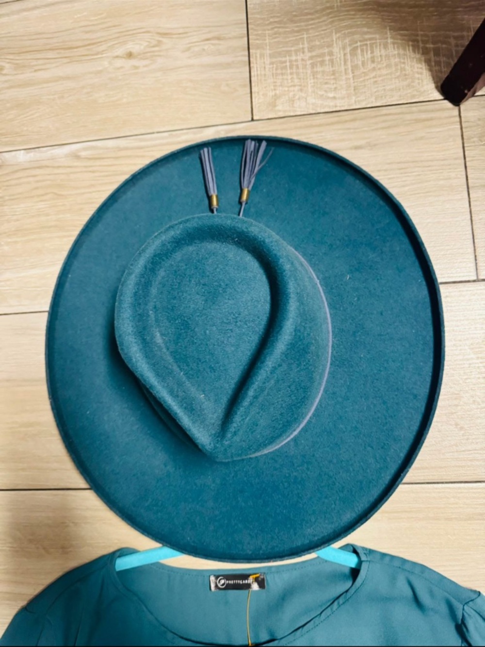 Teal Wide-Brim Wool Felt Hat with Tassel Accents